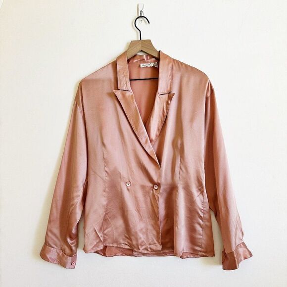 Vintage Peak Lapel Double Breasted Satin Top 100% Silk Blazer Pink 10 - Picture 1 of 7